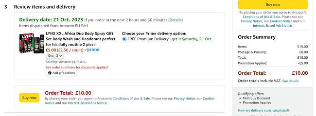 Screenshot showing Lynx Africa Gift Sets 3 for £10 at Amazon