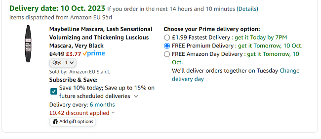 Screenshot showing Maybelline Lash Sensational Volumizing and Thickening Luscious Mascara Very Black for £3.77 at Amazon