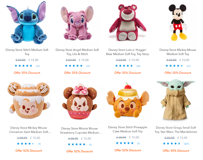 Screenshot of Medium Soft Toys offer at shopDisney