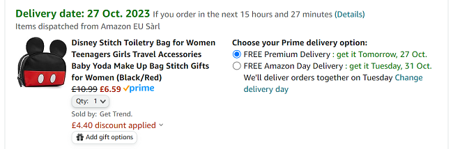 Screenshot showing Disney Mickey Mouse Make-up Bag for £5.39 at Amazon / Get Trend