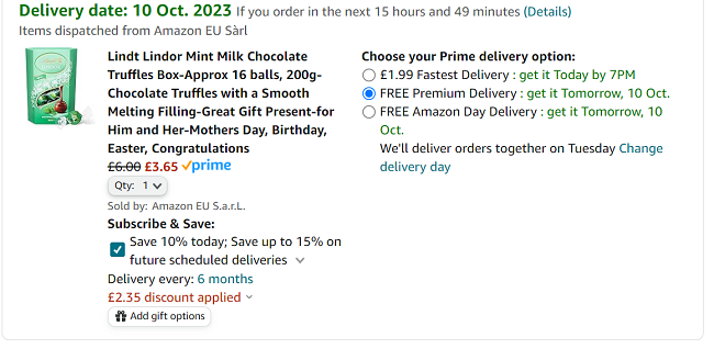 Screenshot showing Lindt Lindor Mint Milk Chocolate Truffles 200g for £3.65 at Amazon