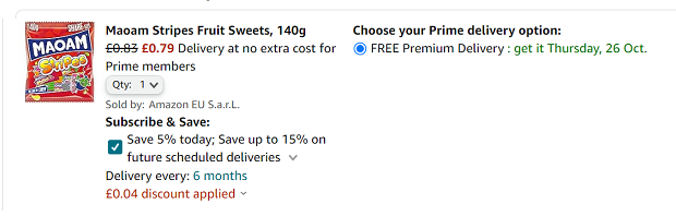 Screenshot of Maoam Stripes Fruit Sweets 140g for 79p at Amazon