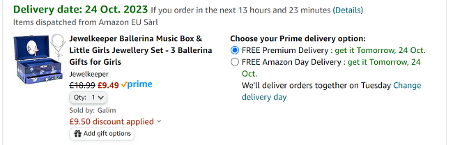 Screenshot of Ballerina Music Box & Jewellery Set £9.49 with voucher at Amazon seller Galim