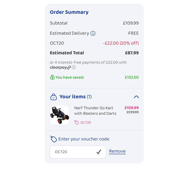 Screenshot showing Nerf Thunder Go Kart with Blasters and Darts for £87.99 Delivered (Using Code) at Bargain Max