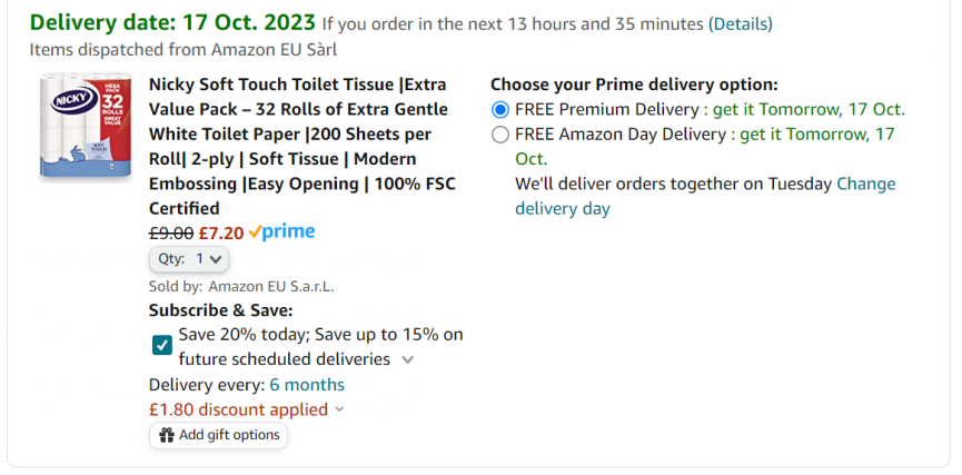 Screenshot showing Nicky Soft Touch Toilet Tissue 32 Pack for £7.20 at Amazon