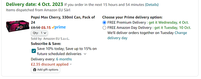 Screenshot of Pepsi Max Cherry 24 Pack for £6.15 at Amazon
