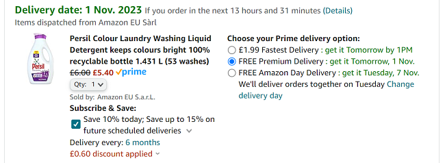 Screenshot showing Persil Colour Liquid Laundry 53 Wash for £5.40 at Amazon