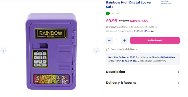 Screenshot showing Rainbow High Digital Locker Safe for £9.99 at Bargain Max