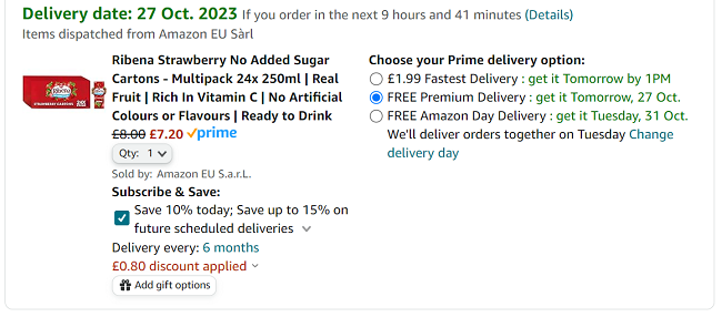 Screenshot of Ribena Strawberry No Added Sugar Cartons 24 x 250ml for £7.20 at Amazon