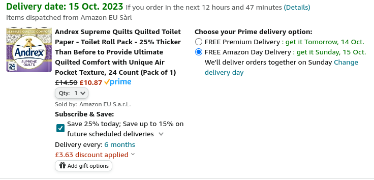 Andrex Supreme Quilts Quilted Toilet Paper 24 Pack £10.87 @ Amazon