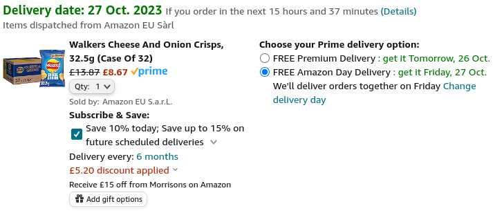  Walkers Cheese and Onion Crisps, 32.5g (Case of 32) £8.67 @ Amazon