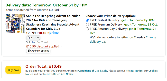 Screenshot showing Sonic The Hedgehog Advent Calendar 2023 for £10.49 with voucher at Amazon / Get Trend