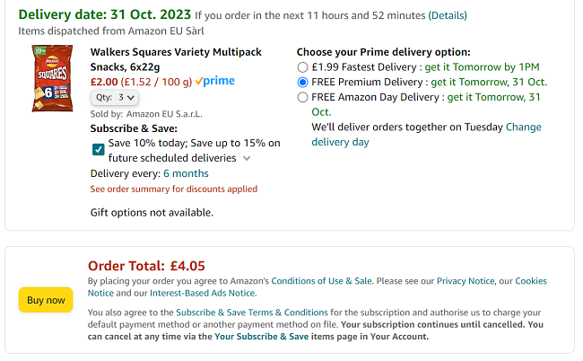 Screenshot showing Walkers Squares Variety Multipack Snacks, 6x22g x 3 for £4.05 at Amazon
