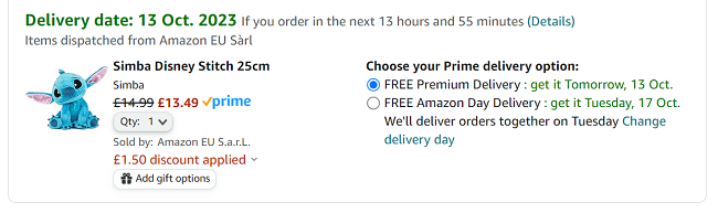 Screenshot showing Disney Stitch 25cm Soft Toy for £13.49 at Amazon