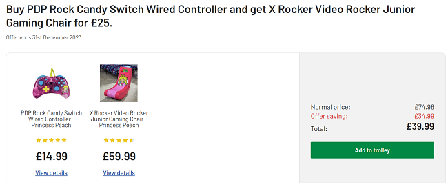 Screenshot of special offer on Princess Peach Nintendo Switch wired controller and gaming chair at Argos