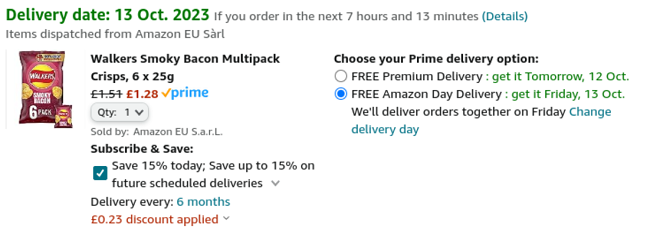 Screenshot showing Walkers Smoky Bacon Multipack Crisps 6 x 25g for £1.28 at Amazon