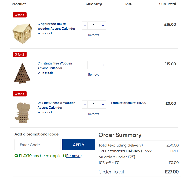 Screenshot showing 3 Wooden Advent Calendars for £27 with code at The Works