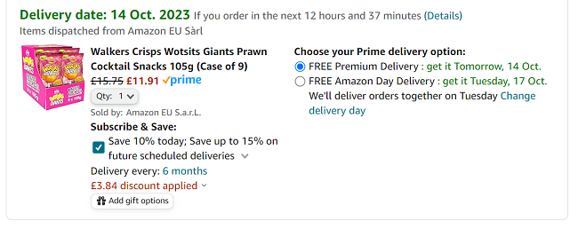 Screenshot showing Walkers Crisps Wotsits Giants Prawn Cocktail Snacks 105g (Case of 9) for £11.91 at Amazon