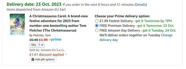 Screenshot showing A Christmasaurus Carol book for £4.99 at Amazon