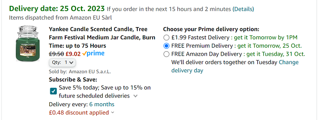 Screenshot showing Yankee Candle Tree Farm Festival Medium Jar Candle for £9.02 at Amazon