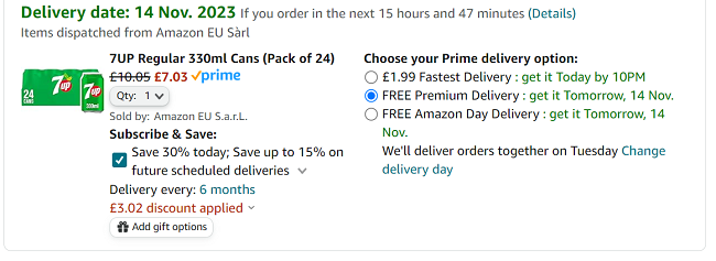 Screenshot showing 7Up Regular 330ml Cans (Pack of 24) for £7.03 at Amazon