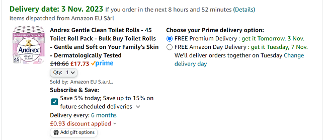 Screenshot showing Andrex Gentle Clean Toilet Rolls 45 Pack for £17.73 at Amazon