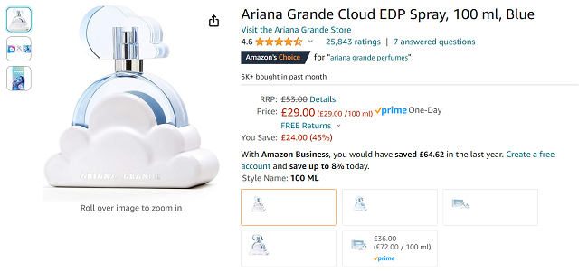 Screenshot of Ariana Grande Cloud EDP Spray 100ml for £29 at Amazon