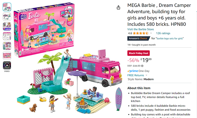Screenshot showing MEGA Barbie Dream Camper Adventure for £19.99 at Amazon