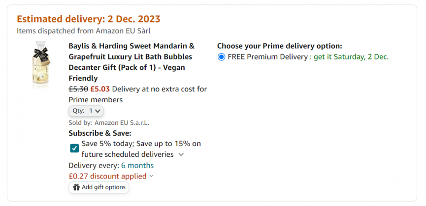 Screenshot of Baylis & Harding Sweet Mandarin & Grapefruit Luxury Lit Bath Bubbles Decanter Gift for £5.03 at Amazon