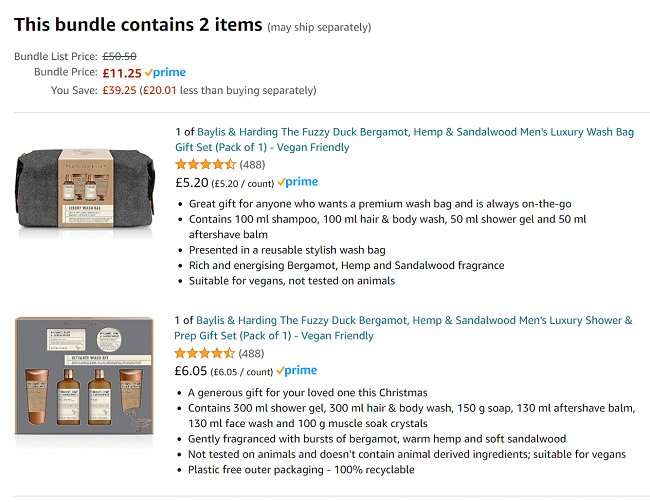 Screendhot showing Baylis & Harding The Fuzzy Duck Bergamot, Hemp & Sandalwood Men's Gift Set Bundle for £11.25 at Amazon