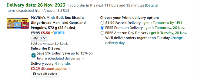 Screenshot of McVitie's Minis Bulk Box Biscuits Gingerbread Men, Iced Gems and Penguins (28 packs) for £5.56 at Amazon