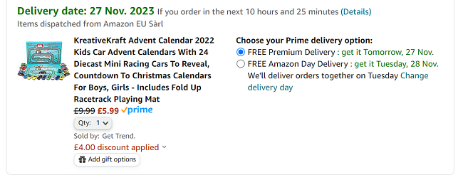 Screenshot of KreativeKraft Car Advent Calendar for £5.99 at Amazon / Get Trend