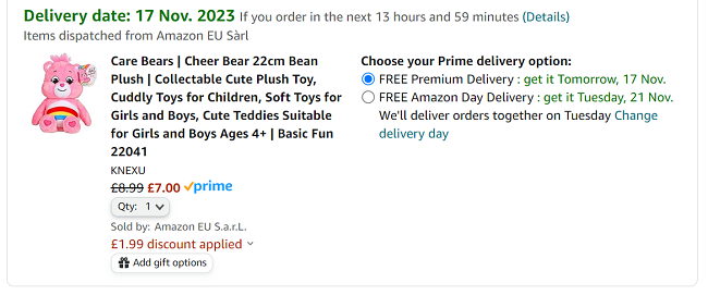 Screenshot showing Care Bears 9 Inch Bean Plush Cheer Bear for £7 with voucher at Amazon