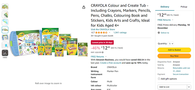 Screenshot showing Crayola Colour & Create Tub for £12.49 at Amazon