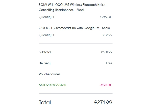 Screenshot of £30 off code at Currys