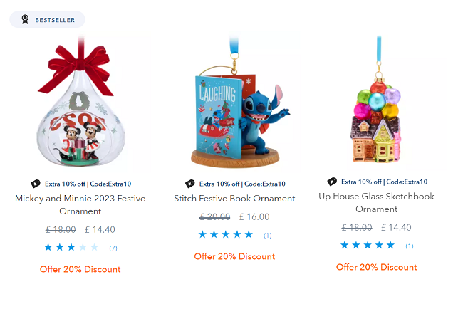 Screenshot showing Disney Christmas Ornaments 20% Off + Extra 10% Off With Code at shopDisney