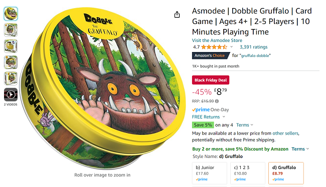 Screenshot showing Dobble The Gruffalo Card Game for £8.79 at Amazon