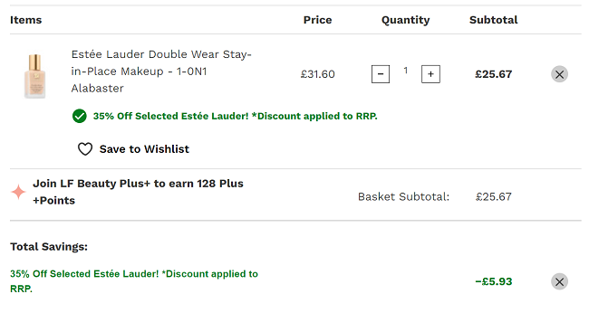 Screenshot of Estee Lauder Double Wear Foundation for £25.67 with code at Look Fantastic