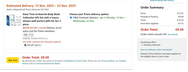 Screenshot of offer stack on Dove gift set at Amazon