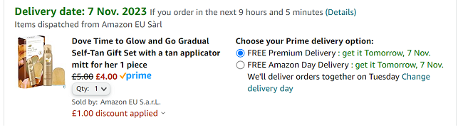 Screenshot of Dove Time to Glow and Go Gradual Self-Tan Gift Set for £4 at Amazon