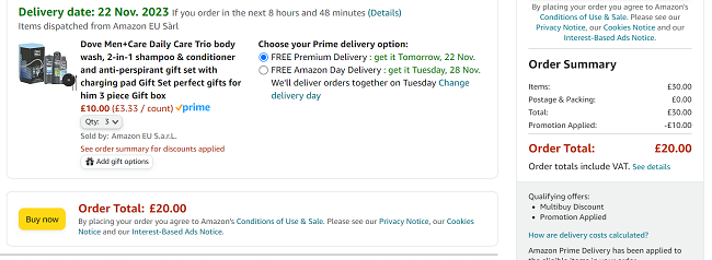 Screenshot showing Dove Men+Care Daily Care Trio & Charging Pad Gift Set 3 for £20 at Amazon