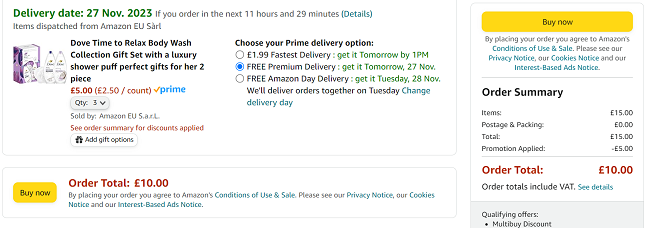 Screenshot showing Dove Time to Relax Body Wash Collection Gift Set 3 for £10 at Amazon