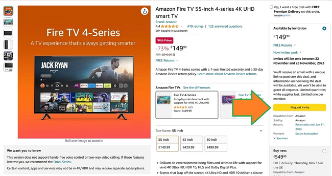 Screenshot showing Amazon Fire TV 55-inch 4-series 4K UHD smart TV £149.99 by invite at Amazon