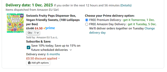 Screenshot showing Swizzels 100 Lollies Fruity Pops Dispenser Box for £4.50 at Amazon