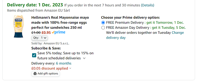 Screenshot showing Hellmann's Real Mayonnaise 250ml for 95p at Amazon