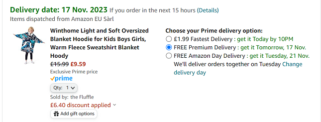 Screenshot showing Winthome Oversized Blanket Hoodie for Kids for £9.59 at Amazon / The Fluffle