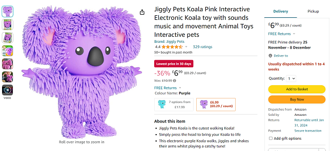 Screenshot of Jiggly Pets Koala for £6.99 at Amazon