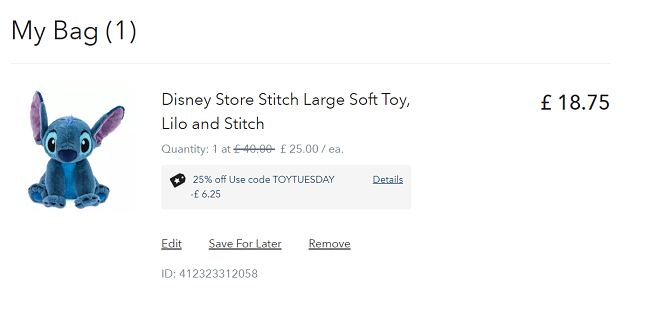 Screenshot of Stitch Large Disney Soft Toy for £18.75 with code at shopDisney