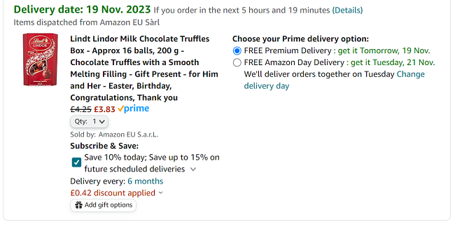 Screenshot of Lindt Lindor Chocolate Truffles 200g for £3.83 at Amazon