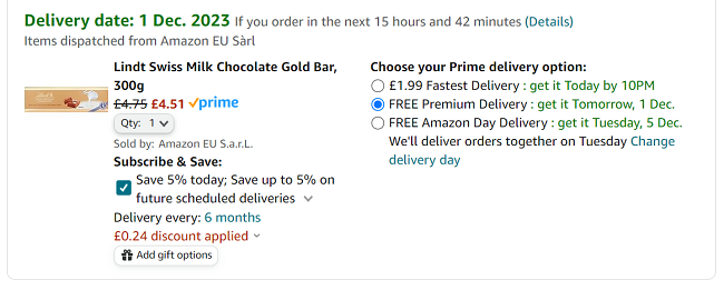 Screenshot of Lindt Swiss Milk Chocolate Gold Bar 300g for £4.51 at Amazon